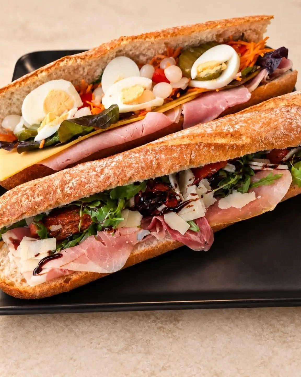 Deux baguettes garnies sur un plateau noir : jambon, fromage, œuf dur et crudités dans l'une, jambon cru et roquette dans l'autre