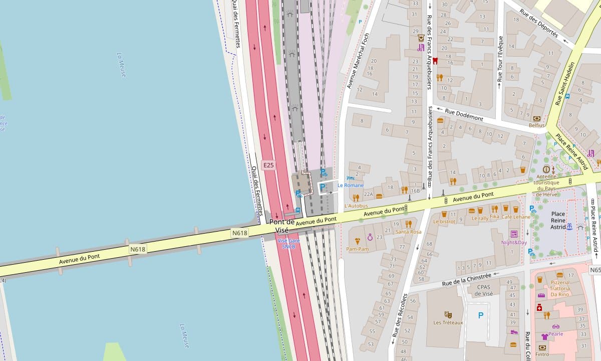 Plan du quartier de la gare de Visé : la sandwicherie au 1 Avenue Maréchal Foch, au bout du pont de Visé, à côté du parking de la gare
